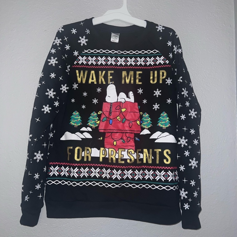 Peanut Snoopy Wake Me Up For Presents Ugly Christmas Black Sweater Women Small